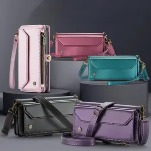 Multi functional zipper bag, high-end leather case, magnetic suction crossbody shoulder bag, anti fall phone case for iPhone 17 Pro Max 17 Air 16 Pro MAX 15 Pro 14 PlUS 13 12 11 Pro Max, long shoulder rope+short hand-held rope protective case, New Year's