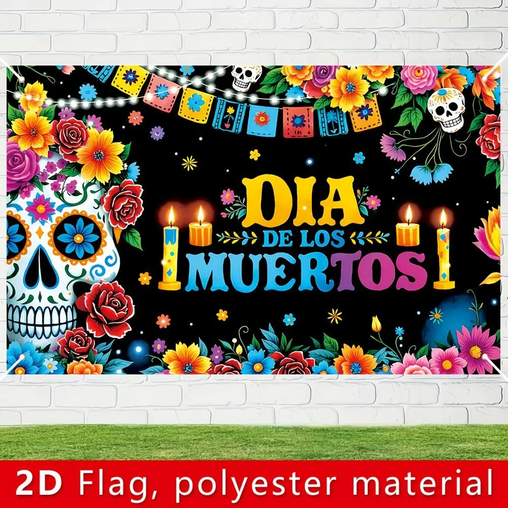 Dia De Los Muertos Flat Polyester Banner - 180cmx110cm Home Decor Wall Hanging Backdrop, Floral Print Skull & Flower Design Traditional Colorful Decoration for Mexican Day of the Dead, Birthday Party Supplies, summerwins