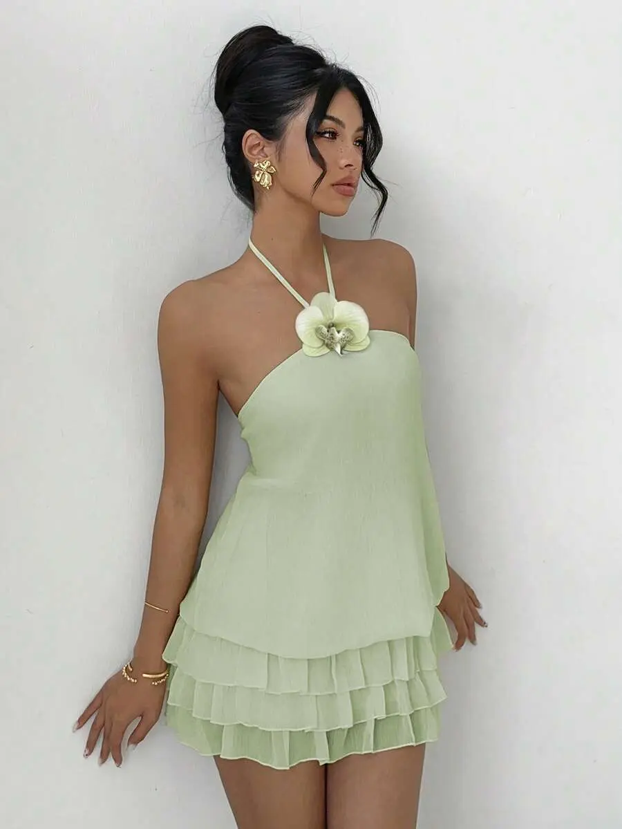 Women's Yellow Low Waist Super Short Sexy 3D Floral Camisole Backless Ruffle Hem Mini Dress, Elegant, Fashionable, Suitable For Daily Commute, Party, Carnival, Valentine's Day, New Year, Beach Vacation Summer Polyester - Women's Yellow Low Waist Super Short Sexy 3D Floral Camisole Backless Ruffle Hem Mini Dress, Elegant, Fashionable, Suitable For Daily Commute, Party, Carnival, Valentine's Day, New Year, Beach Vacation Summer Polyester -