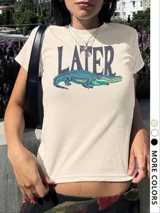 Women's Short Crocodile Cartoon Print Round Neck Loose Summer T-Shirt, Vintage Fashion Casual Short Sleeve Top, Daily Wear Ladies' Shirt