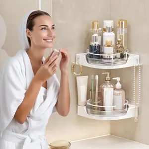 360°Rotating Corner Shower Caddy(2-Pack), No-Drill Adhesive Shower Shelf Organizer with Hooks, Lazy Susan Bathroom Storage for Bathtub, Shower Corner & Kitchen Sink, Space Saving Bathroom Organizer