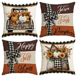 4pcs Autumn Pillow Cover, 18x18 inch Thanksgiving Sofa Cushion Cover, Home Decoration Pillowcase Happy Thanksgiving, Home Decoration Sofa, Suitable for Bedroom, Living Room, Room, (No Pillow Core)