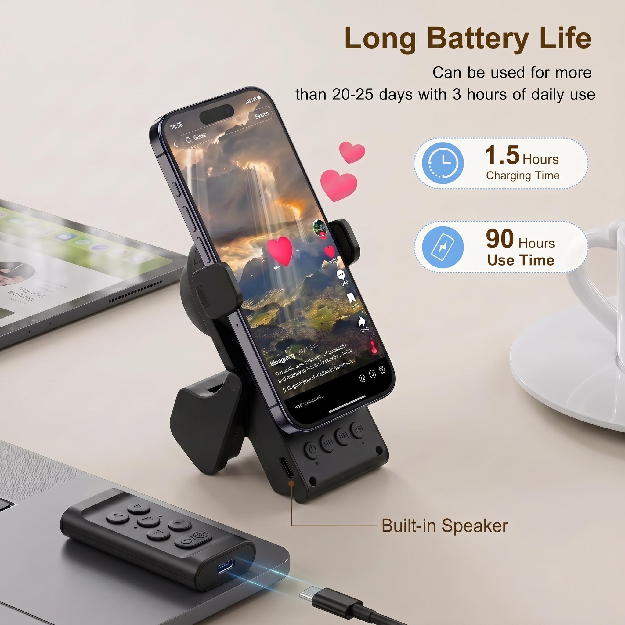 TikTok Scroll Remote with Bluetooth Speaker, 4-in-1 Wireless Page Turner, Adjustable Phone Stand, Camera Shutter for Selfie, Video Recording, Kindle Reading, iOS & Android Compatible