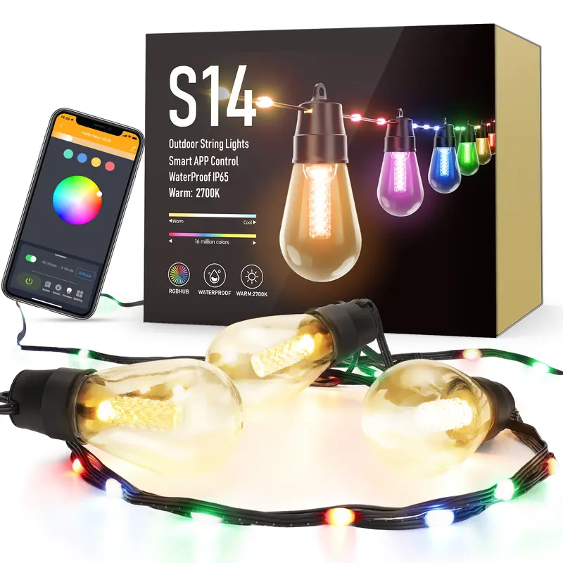 FLACCHI Smart Outdoor S14 String Lights - 46ft Waterproof Shatterproof Bluetooth APP Remote Control Dimmable RGB & Warm White LED Bulbs with Music Sync, Wedding Party Mood Lighting, Patio Decor for Home Improvement