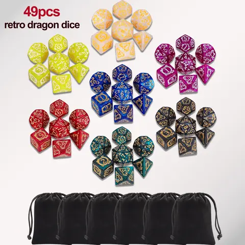 CIARAQ Unisex Easy-to-Grip Bulk 7x7 Retro Dragon Carved-Pattern Polyhedral Set - 49pcs (7 Sets with Dice Bags, Organizer Pouches) D4,D6,D8,D10,D%,D12,D20 for Dungeons and Dragons, RPG (12+ Years), Carved Patterns
