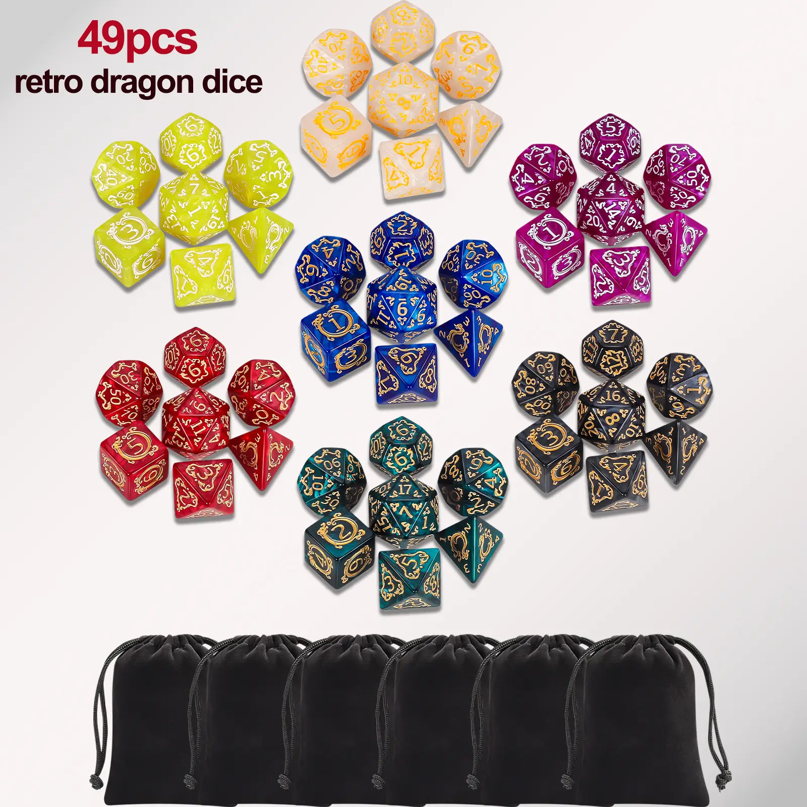 DND Dice Sets - 49pcs Polyhedral Dice, 7 Sets D&D Dice with Pouches, D4 D6 D8 D10 D% D12 D20 Dice for Dungeons and Dragons DND RPG MTG Table Games