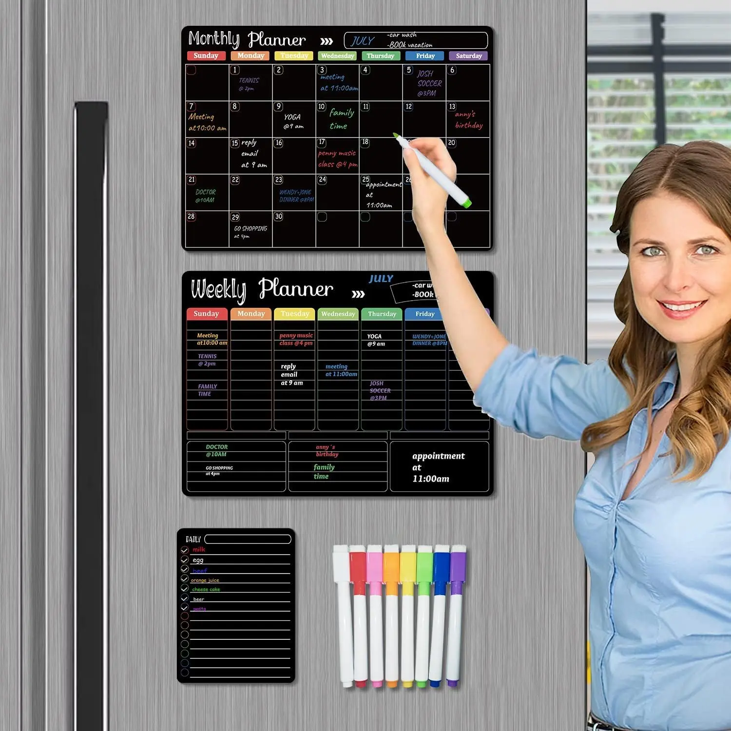 Hivillexun Black Dry Erase Boards Set - 3 Magnetic Boards for Refrigerator, Monthly, Weekly Organizer & Daily Notepad, Wall & Fridge Family Boards Wall Planners Pinboard