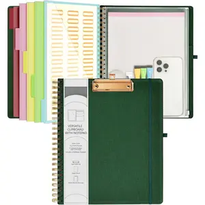 Foldable Spiral Clipboard Folio with Storage Zipper Pouch, 5 Plastic Folders with 10 Pockets,Refillable Lined Notepad (11" x 8.5"), Hardcover Project Organizer with 39 Stickers (Dark Green)