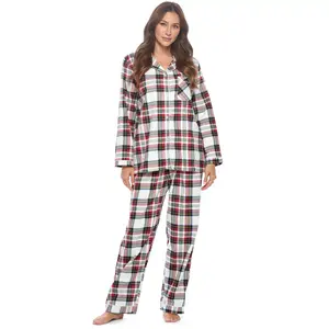 Casual Nights Women's Flannel Long Sleeve Button Down Pajama Set - White Stewart Plaid - Small