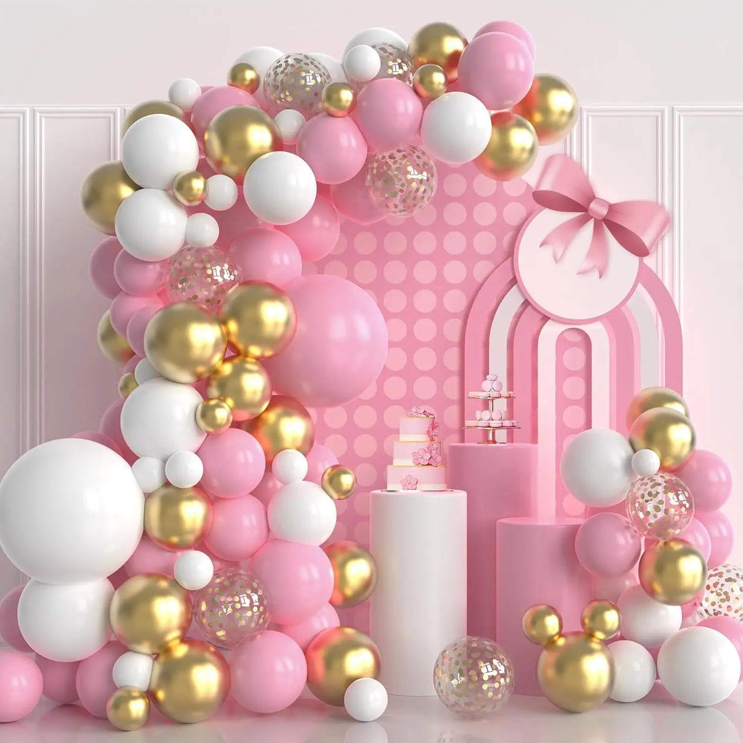 Home & Party Supplies 124pcs Pink-White-Gold Metallic Latex Party Balloons Garland Kit - Backdrop Tool with Knot Accessory for Girls' Happy Birthday, Wedding Decorations, Balloon Arches