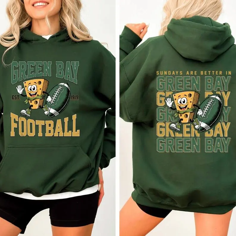 Green Bay Football Hoodie – Front and Back Retro Green Bay Mascot Cheesehead Game Day