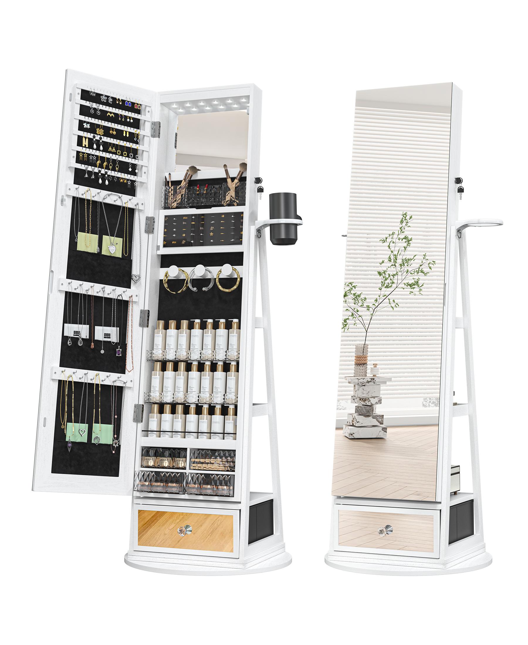 Summervibes LHBCRAFT 360° Swivel Jewelry Cabinet with LED Light, mirror cabinet, jewelry armoire, Mirror with Storage, Standing Jewelry Armoire Organizer gift idea