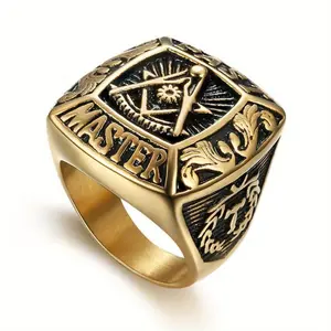 High-Quality Stainless Steel Engraved Ring - Men's Freemason Logo Alphabet Design Geometric Hip-Hop Ring, Wedding Costume Jewelry Accessory for Rock, Street Photography