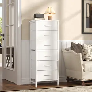 Tall Storage Dresser with 6 Fabric Drawers, Metal Frame with Cross Support Rods, Anti-Tip, Wood Top for Bedrooms, Offices and Compact Spaces