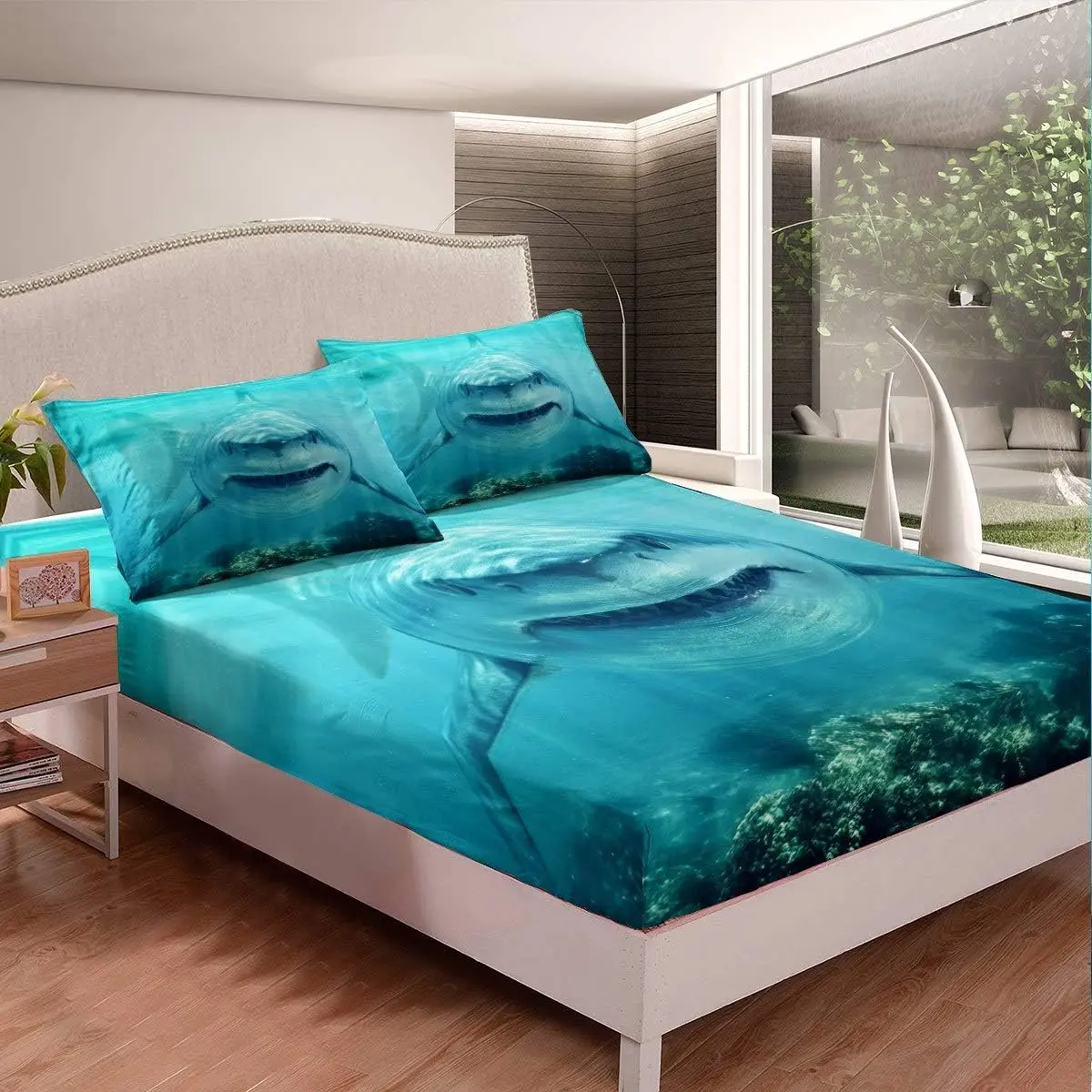 Feelyou Shark Microfiber Bedsheet Set, Ocean Creature Bedding Supplies, Deep Pocket Sea Animal Easy-Care Twin/Queen Size Bedroom Cover, Bedsheet Sets