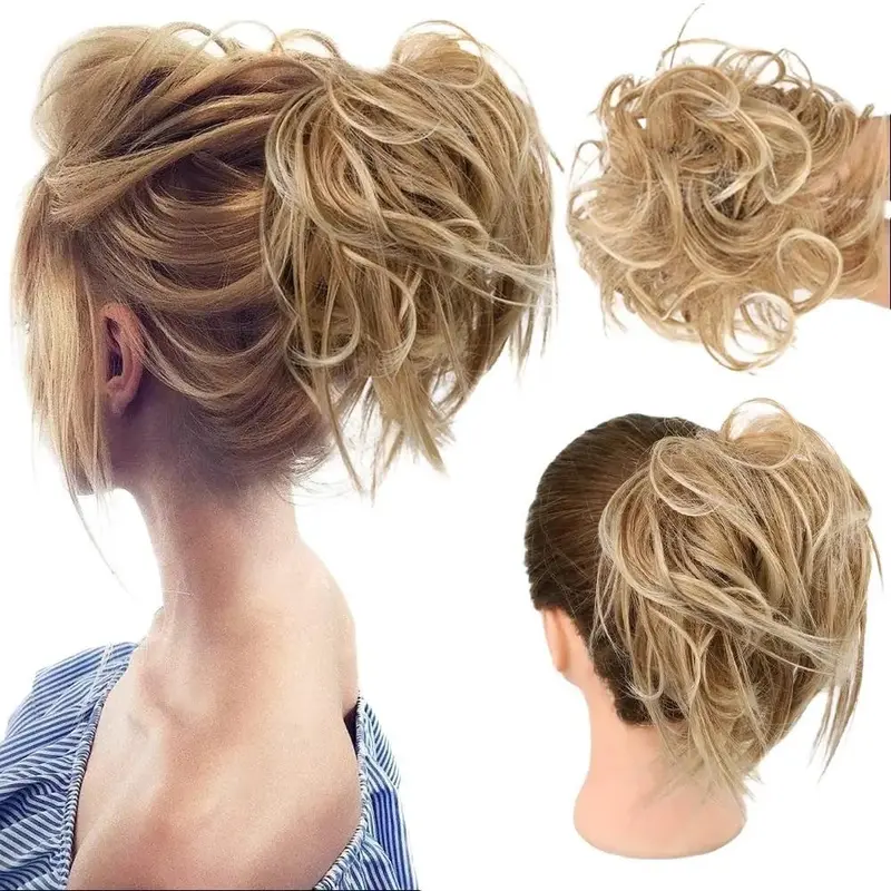 Sohochic AISI HAIR Glueless Clip-In Synthetic Fiber Hairpiece - Heat Resistant Messy Bun Wiglet, Adjustable Fit Stays Comfy, Curly Honey Blonde Scrunchie for Women's Casual Weddings