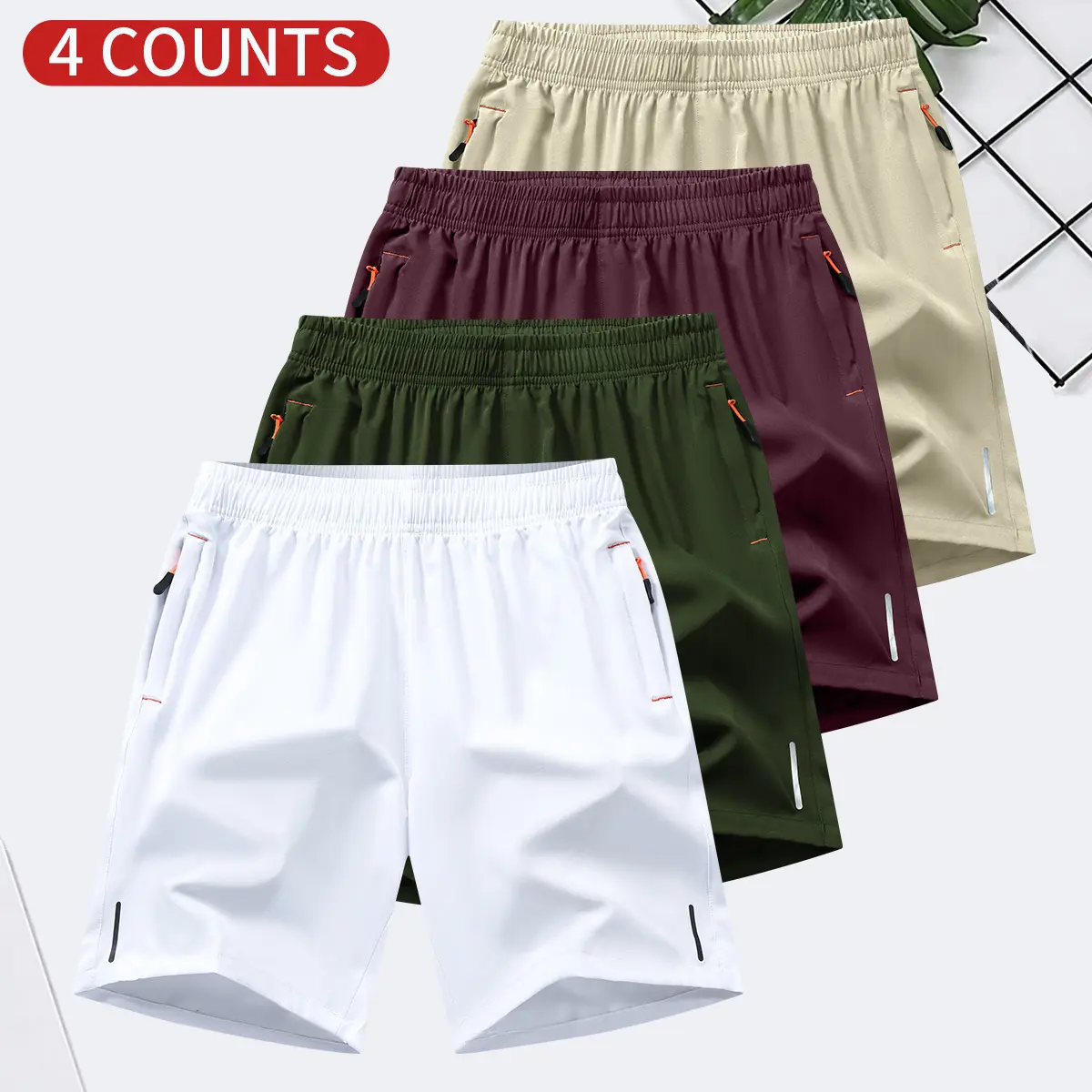 Men's 4-Pack Solid Color Quick-Dry Breathable Shorts, Regular Fit Casual Comfort Zipper Pockets Elastic Waist Summer Shorts Men's Bottoms Loungewear Menswear Beige shorts for summer