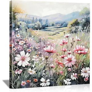 Vintage Wildflower Canvas Wall Art 24x24 Inch Rustic Floral Landscape Painting Framed Country Nature Picture for Living Room Bedroom Kitchen Farmhouse Decor