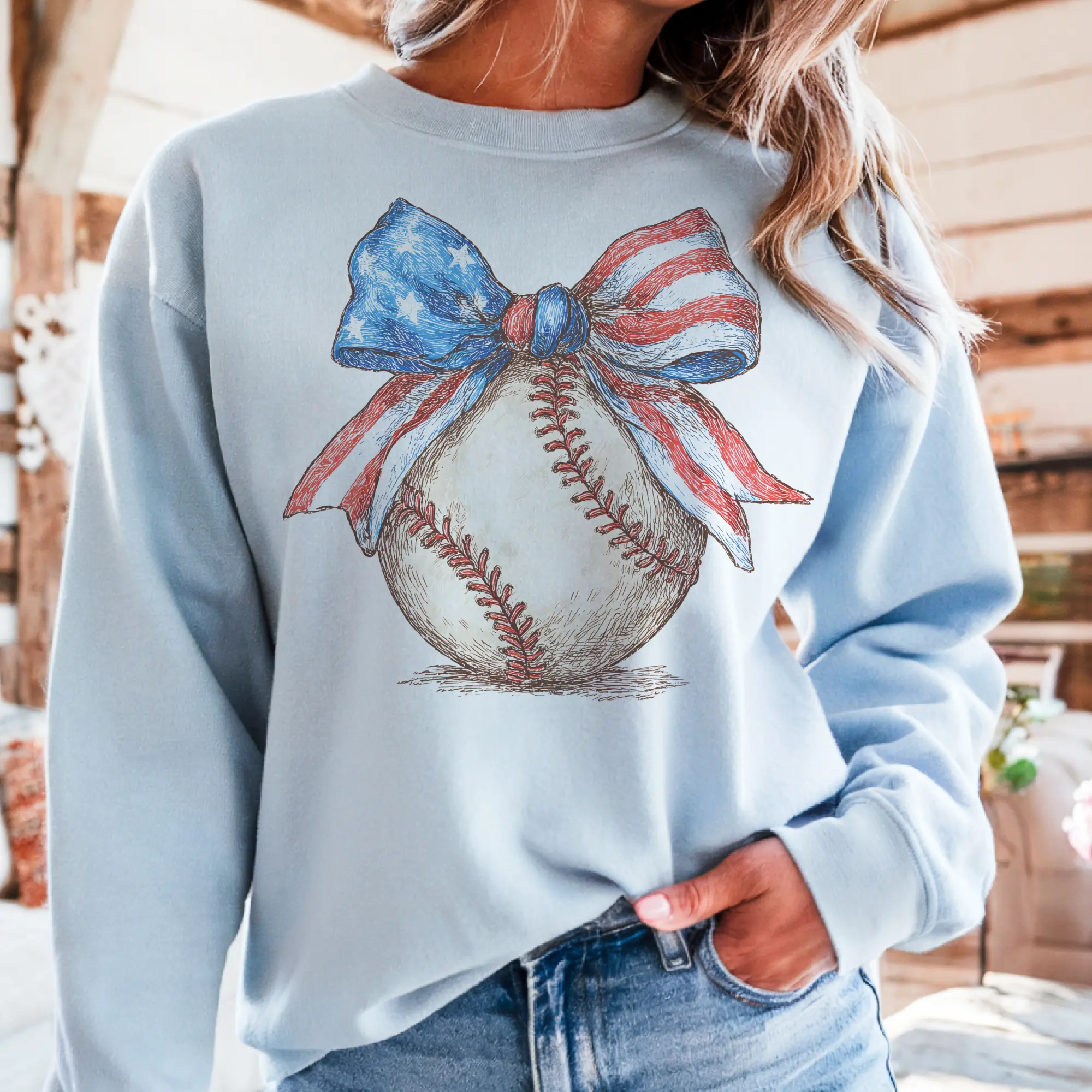 Vintage Baseball Sweatshirt Retro USA Bow Tshirt America Flag Sweater Baseball Game Day Tshirt Sports Patriotic Baseball Crewneck Casual Womenswear Sublimation TOp