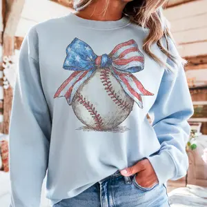 Vintage Baseball Sweatshirt Retro USA Bow Tshirt America Flag Sweater Baseball Game Day Tshirt Sports Patriotic Baseball Crewneck Casual Womenswear Sublimation TOp