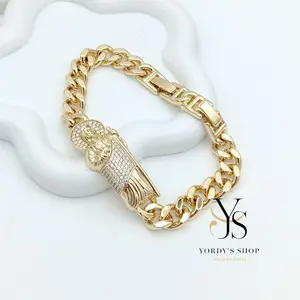 Yordy's Shop San Judas de Tadeo 14k Gold Plated Cuban Link Bracelet High Quality 7 Inches with Extension Elegant Jewelry