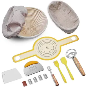 Sourdough Bread Baking Set, 10 Inch Oval & 9 Inch Round Banneton Bread Proofing Baskets with Linen Liner, Silicone Bread Sling, Danish Dough Whisk, Dough Scraper Kit, Silicone Brush & Silicone Spatula