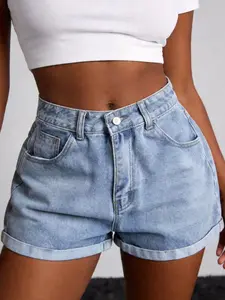 High-Waisted Rolled Hem Denim Shorts, Stylish Fake Jeans Short Pants, Trendy Summer Essential, Comfortable & Fashionable, Womenswear