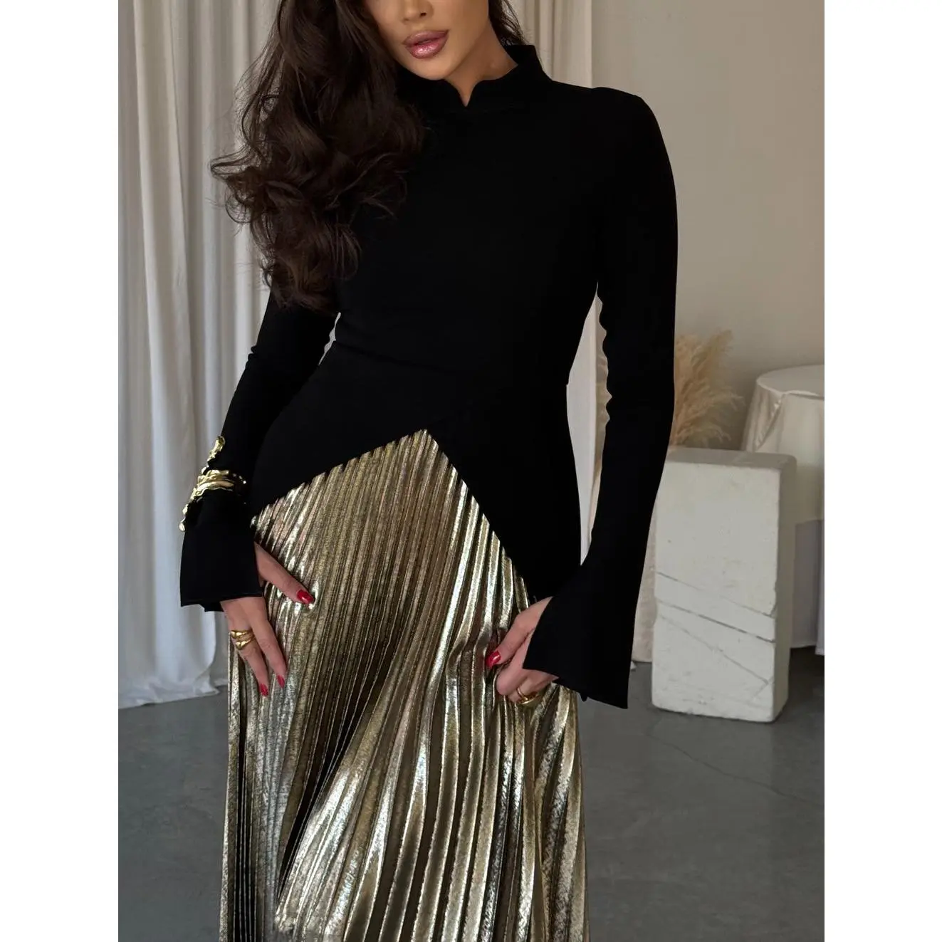 Black Bell Sleeve Irregular Hem Top & Pleated Skirt Set