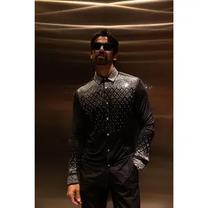 Barabas Trivon Rhinestone Long Sleeve Shirt - Floral Roses Pattern, Slim Fit, Button-Up, Original Design, All Seasons, Menswear Top