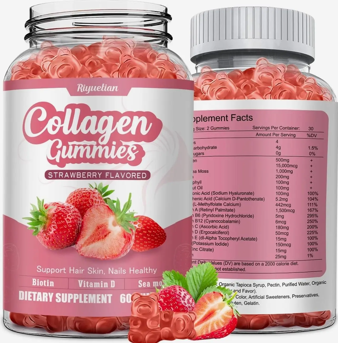 Collagen Gummies with Vitamin C, Zinc and Biotin, Strawberry Flavor Beauty Supplement, Hydrolyzed Collagen Peptides Supplement for Hair, Skin, Nails & Wrinkles, Non-GMO, Gluten Free, 60 Gummies