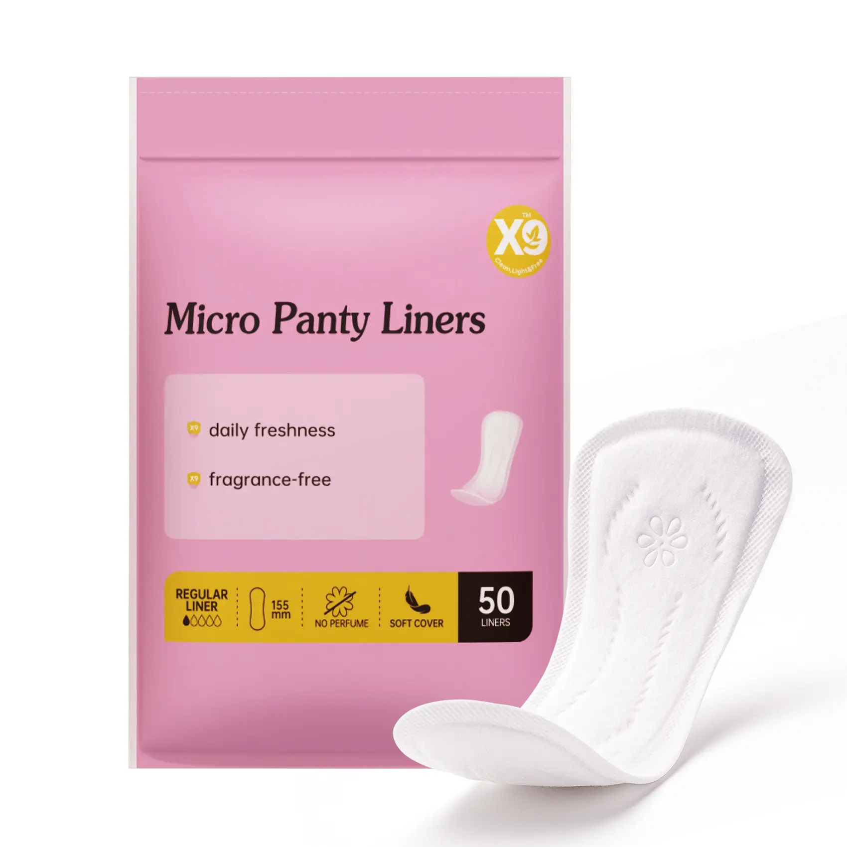 X9 Sparkle Panty Liners for Women,155mm  Plant-Based Daily Pantiliners | Organic Panty Liner | Pads for Women | Softer Than Cotton Panty Liners |Unscented, Chlorine Free, Flexible