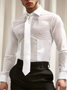 INCERUN Men's Fashion Simple Plain Breathable Mesh Patchwork Deconstructed Design Long Sleeve Fitted Shirt, Suitable For Daily Wear, Stylish and Comfortable