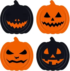 Halloween Pumpkin Paper Plates - Black Orange Fall Party Supplies, Serving Trays, Disposable Tableware Decorations for Halloween - Serves 48