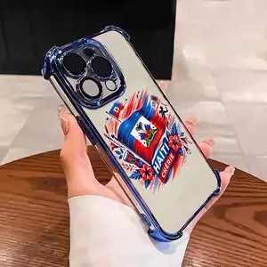 Haitian Pride Flag Red and blue flame pattern design Suitable for Aesthetic Electroplated TPU Casing For iphone 17 16 15 14 13 12 11 X XS PRO PLUS MAX AIR Samsung S25 S24 S23 Four Corners Anti-Fall Transparent Casual Soft Silicone Phone Cases L1794