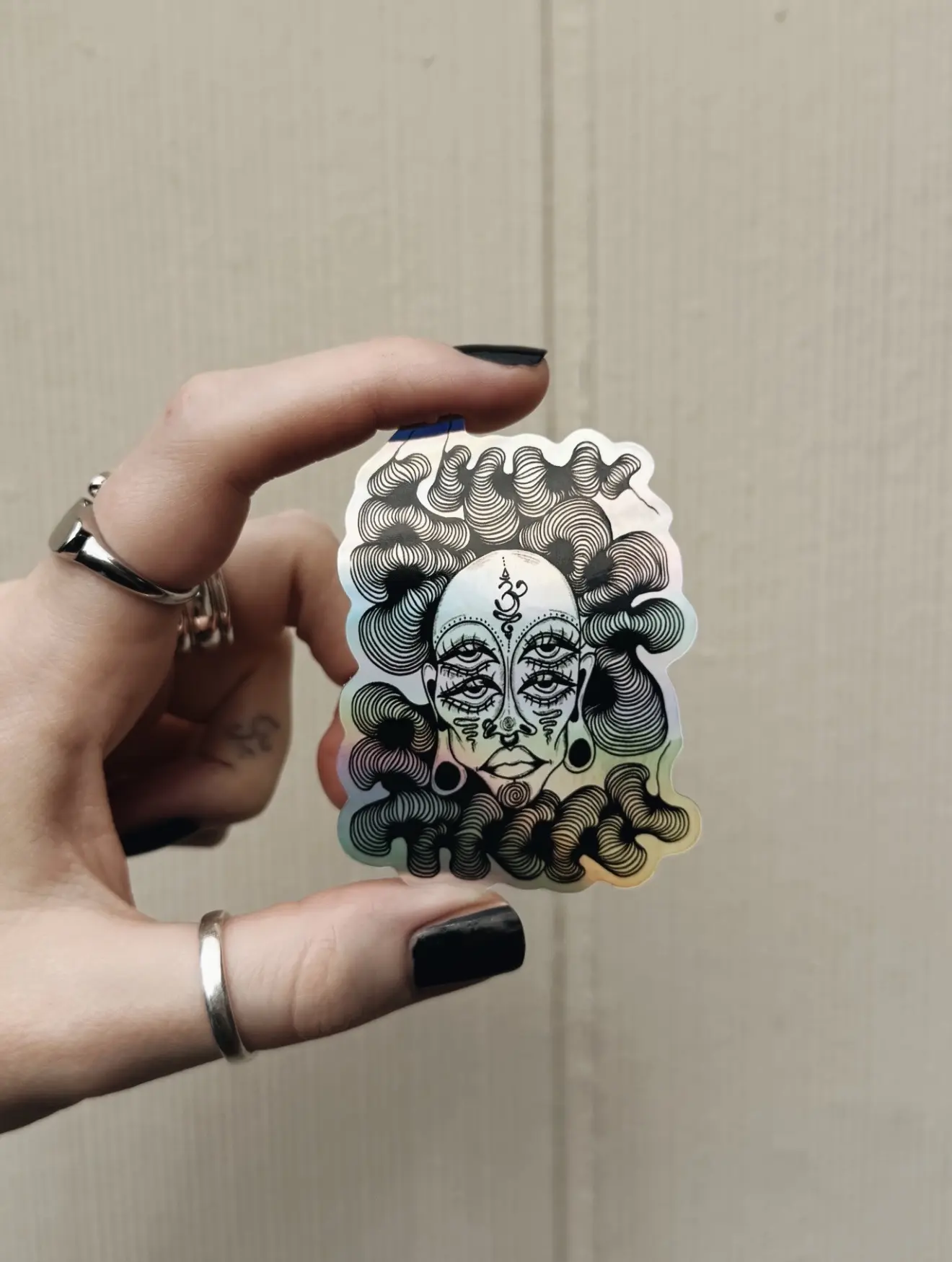 Trippy Holographic Third Eye Vinyl Sticker - Psychedelic Line Art Goddess Decal, Alt Aesthetic Heavy-Duty Glossy Car & Device Sticker for Water Bottles, Laptops, Car Decals, Glossy Finish