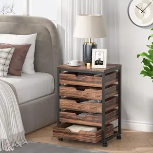 LITTLE TREE 5 Drawer Chest, Wood Storage Dresser Cabinet with Wheels, Industrial Storage Drawer Organizer Cart for Office Bedroom Entryway