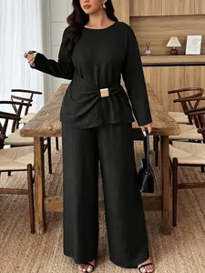 Women's Plus Size Simple Two-Piece Set, Includes Top and Pants, Metal Waist Buckle, Solid Color, Elegant Style, Perfect for Wedding Season