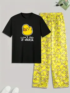 Men's Casual Plaid Sleepwear Loungewear Pajama Set, Printed Duck Pattern, Short Pants, Comfortable Nightwear for Everyday Use, Pyjamas, Pjs
