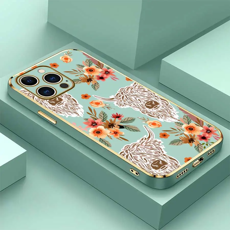 Electroplated Gold Trim Straight Edge Case Retro Highland Cow Floral Trendy Versatile Shockproof Phone Case,With For Iphone17 Pro Max, 16, 15, 14 ,13,12And 16Plus. It Makes A Perfect Gift For Birthdays, Holidays