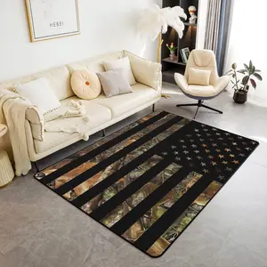 American Flag Camo Rug,Rustic Tree Leaves Camouflage Area Rug 3x5,Military Hunting Carpet Man,Nature Conifer Oak Branches Non Slip Living Room Rugs