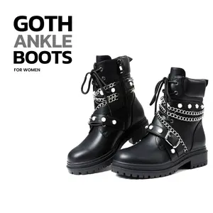 Womens Goth Ankle Boots Round Toe Chunky Block Heel Lace Up Side Zipper Studs Chain Buckle Gothic Combat Motorcycle Boots Punk Rave Party Concert Fashion Dress Trendy Riding Shoes
