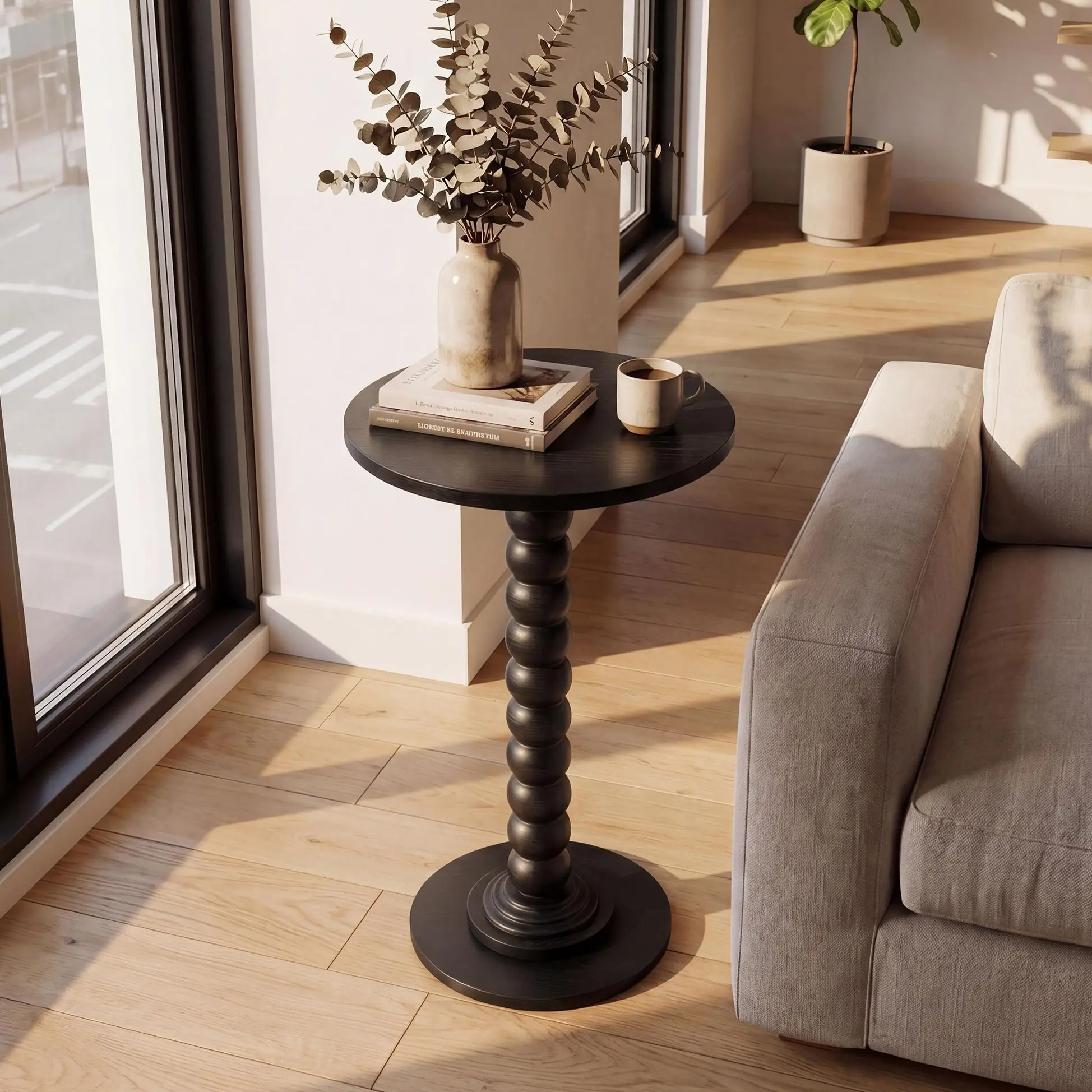 Sweetcrispy Round Side Table - Solid Wood Leg Small Drink Table with MDF Wood, 11.8" Dia. Double Layer, Tool-Free Modern Nightstand for Living Room, Bedroom Furniture