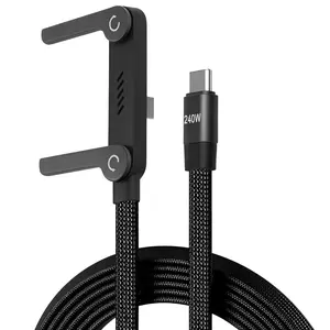 2026 New Type-C Fast Charging Cable with Stand,type c to type c/lightning, 240W Multi-Functional Braided Fast Charger Cord, Foldable Phone Holder for Gaming/Office/Car/Travel