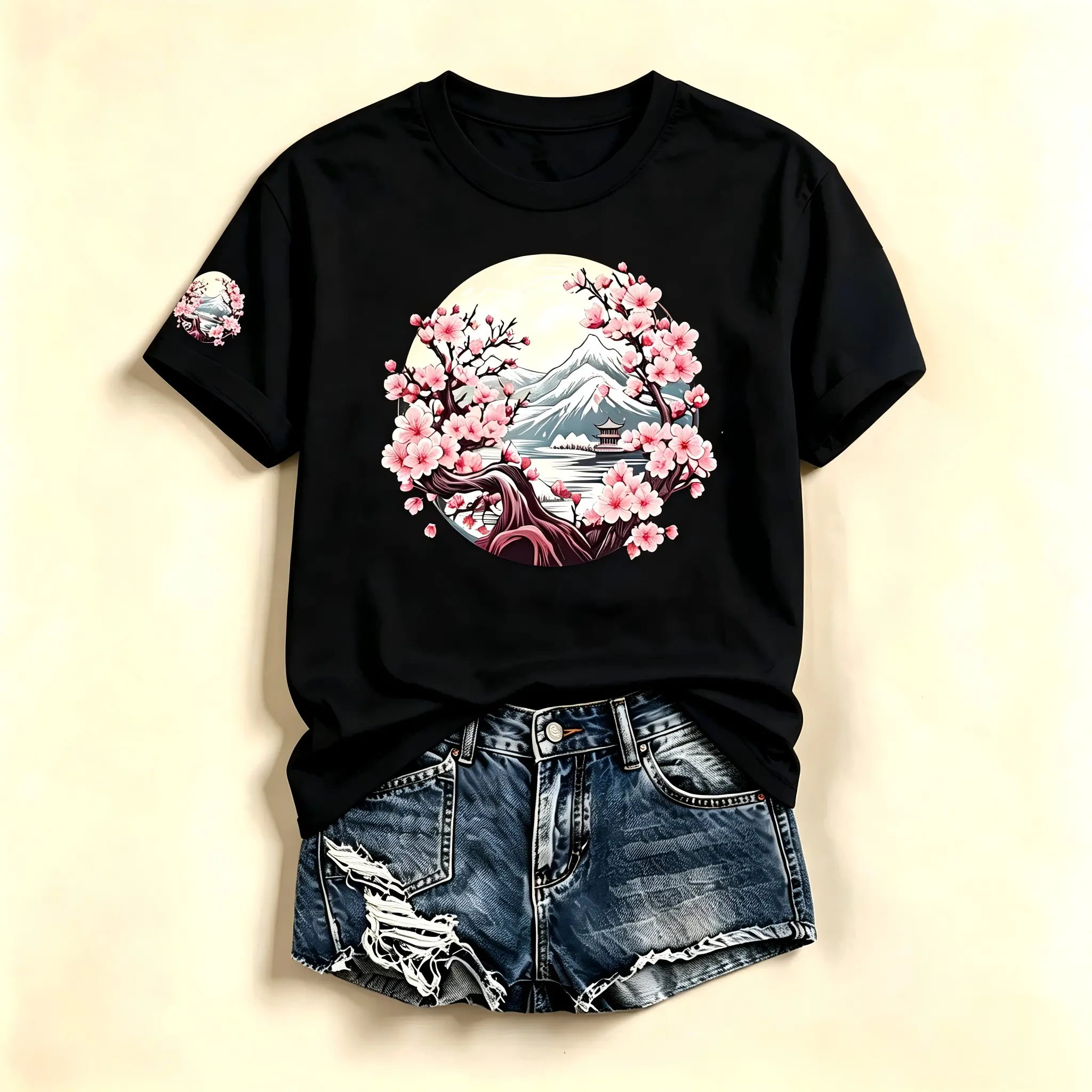 Japanese Cherry Blossom Mountain Lake Pagoda Front & Sleeve Print Cotton Crewneck T-Shirt, Oriental Landscape Casual Tee
