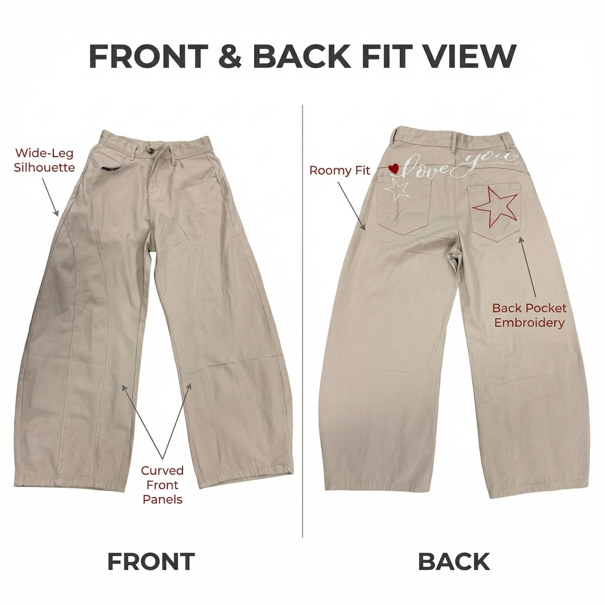 Women’s Baggy Barrel Jeans Comfortable Relaxed-Fit Wide-Leg Pants with Y2K-Inspired Coquette Star and Heart Graphics—Cute Everyday Casual Streetwear