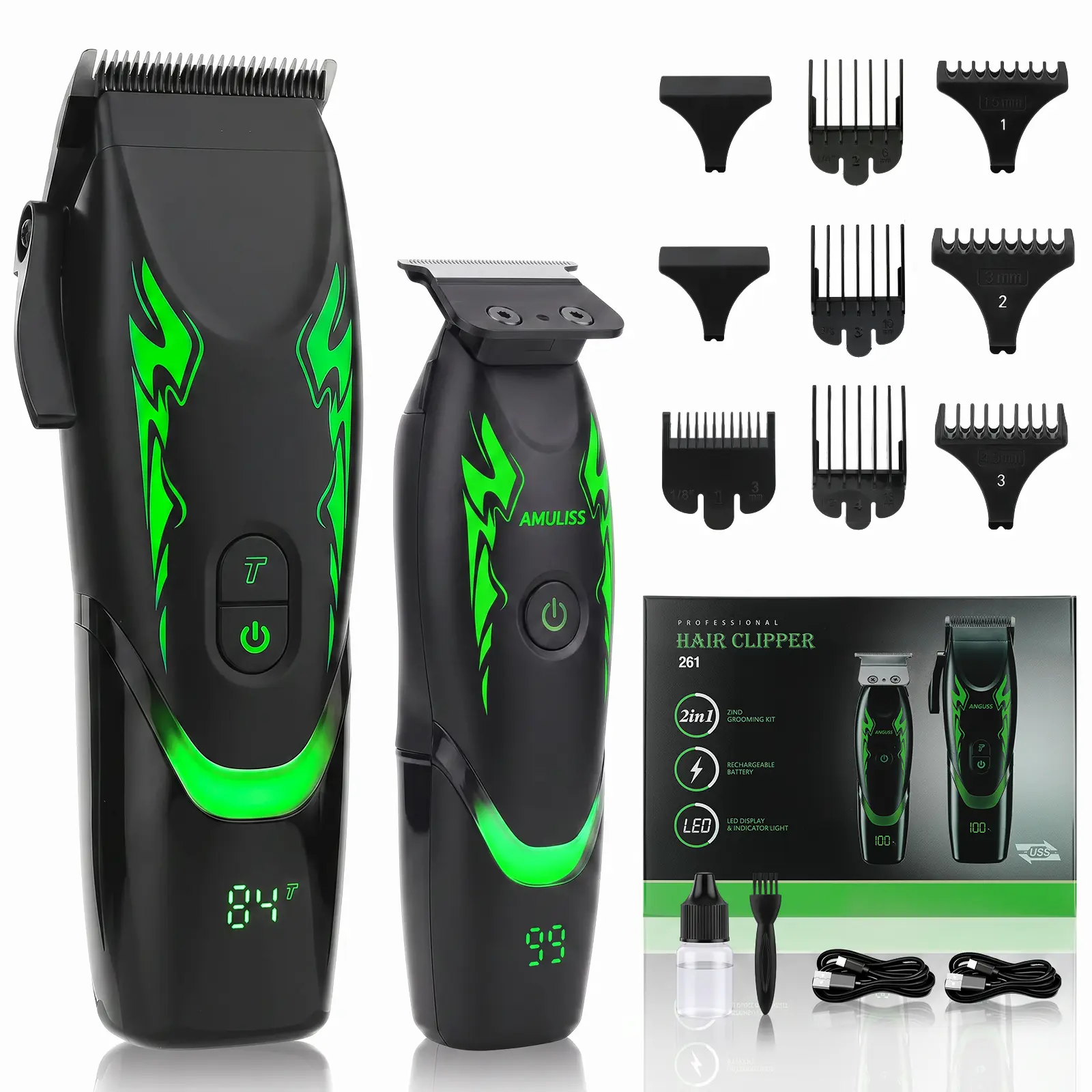 AMULISS Professional 2-in-1 Men's Hair Clipper & Beard Trimmer Grooming Kit, Cordless T-Blade Trimmer with LED Display, Adjustable Settings, Storage Solution for Home & Barber Use, Men's Gift