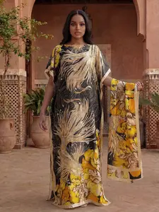 Women's Elegant Fashion Goldfish Pattern Robe Set, Long Dress + Headscarf Scarf Hairband, Beach Sun Protection Satin Silk Shawl, Beachwear, Swimwear Coverups, Swimsuit Cover Ups