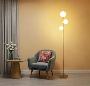 3 Globe Floor Lamp Mid Century Modern, Gold Standing Lamp with Frosted Glass Shade & LED Bulbs, Tall Pole Light with Foot Switch for Living Room Bedroom Office - Antique Brass