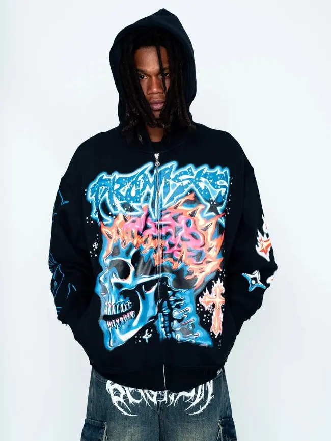 Gothic Numbskull Bling Zip Hoodie – Black Vintage Hip Hop Y2K Streetwear Sweatshirt, Sparkling Skull Graphic Full Zip Hooded Jacket, Retro Gothic Biker Fashion for Men Women, Casual Outfit Gift