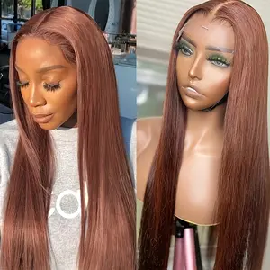 Copper Long Straight Wig Glueless Wig Lace Frontal Pre-plucked Hairline Heat Resistant Synthetic Wig for Women